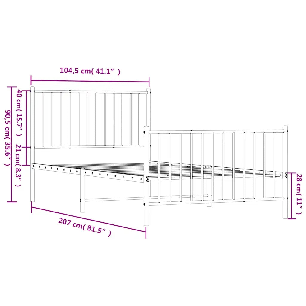 Letto singolo | Letto per adulti | Giroletto con Testiera e Pediera Metallo Bianco 100x200 cm