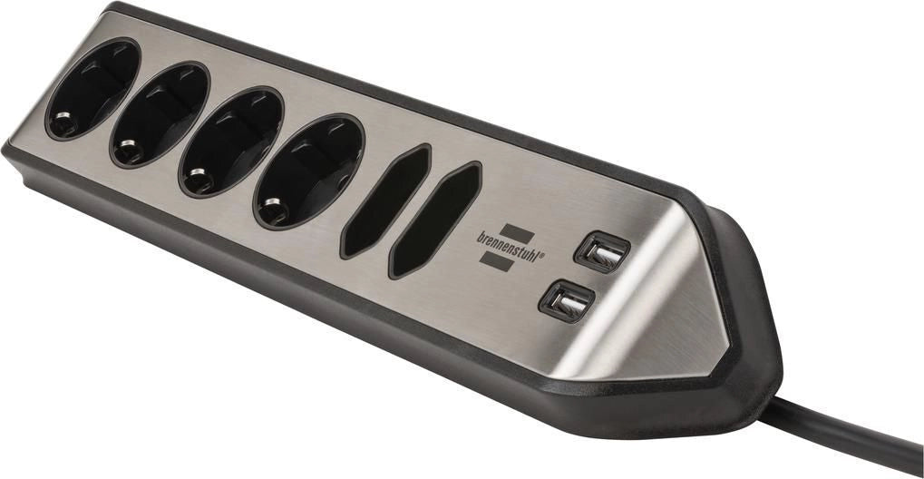 Brennenstuhl 1153590610 prolunghe e multiple 2 m 6 presa(e) AC Interno Nero, Argento