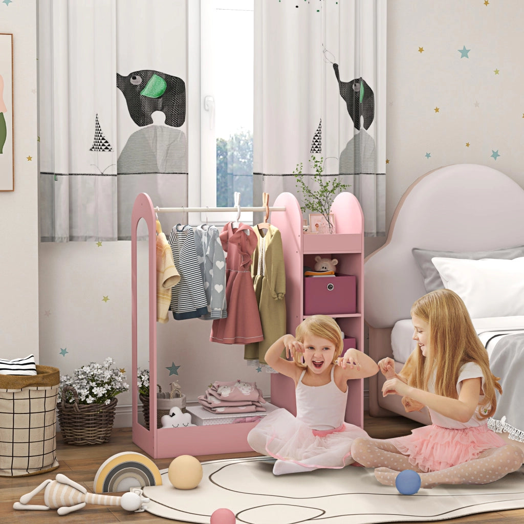 Appendiabiti per Bambini con Ripiani, Scatole e Specchio in Legno, Rosa