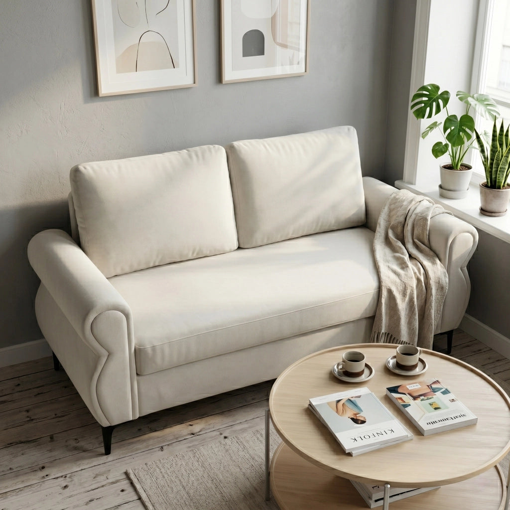 Divano lineare con seduta ergonomica e cuscini sfoderabili in tessuto bianco crema