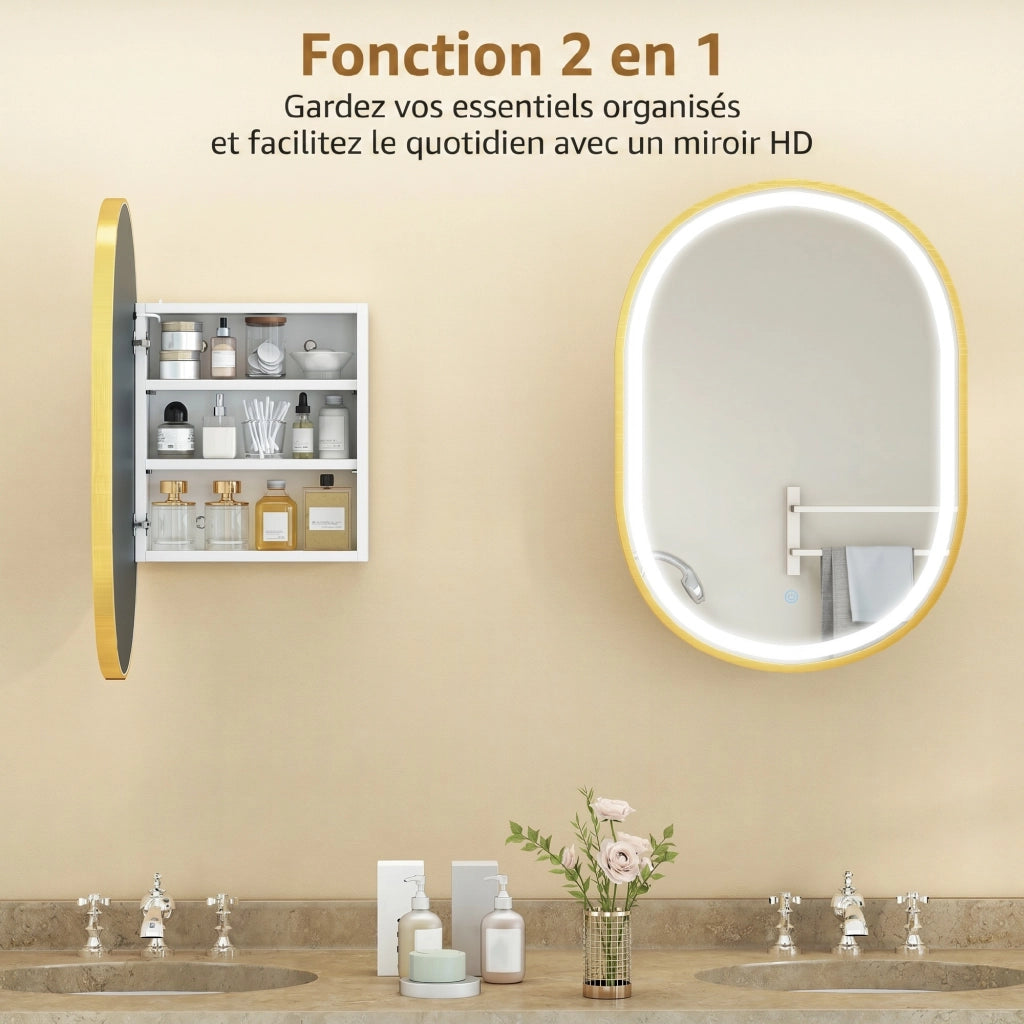 Armadietto da Bagno con Specchio e LED ¨C zephmum ¨C Dorato 50x14.5x70cm