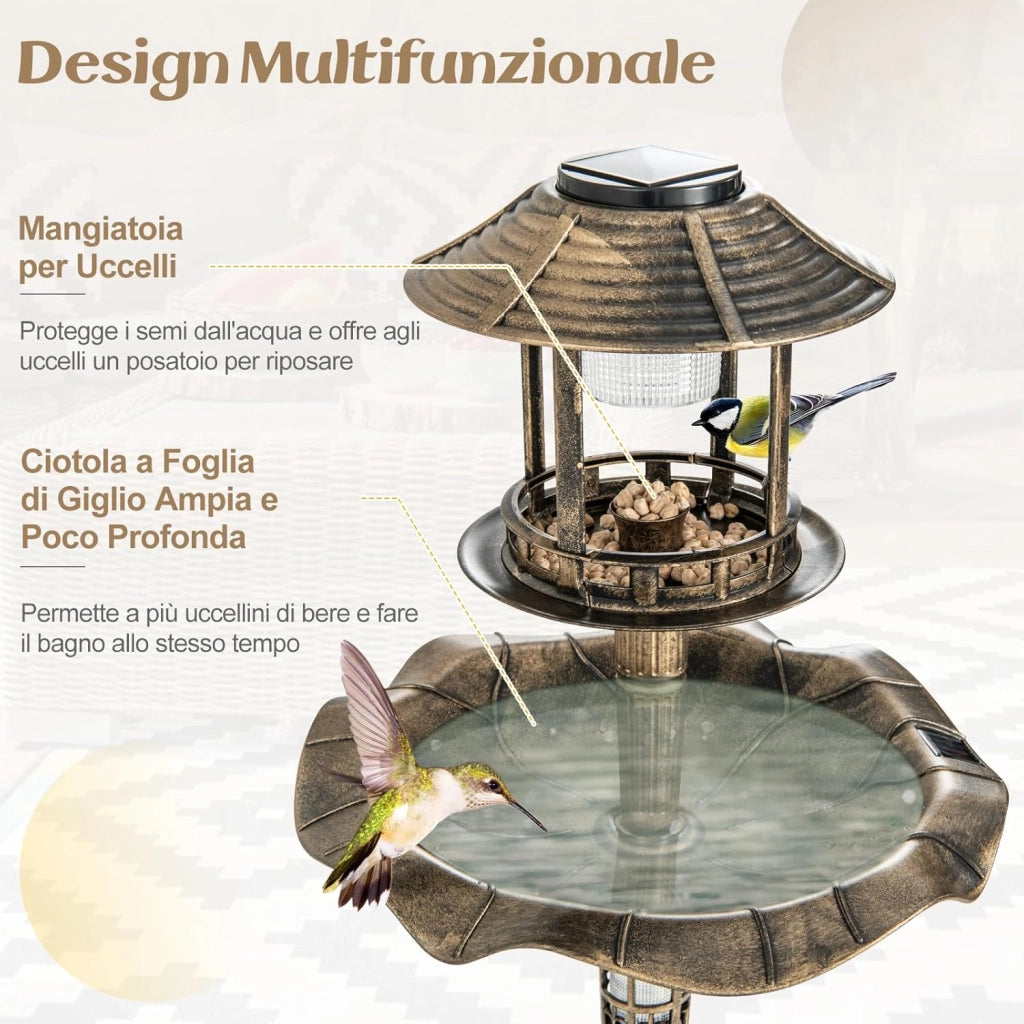 Vasca per Uccelli da Giardino a Energia Solare, Abbeveratoio e Mangiatoia per Uccelli da Esterno con 2 Lampade a Energia Solare, Fioriera e Supporto Riempibile(Bronzo Antico, 43 x 43 x 110 cm)
