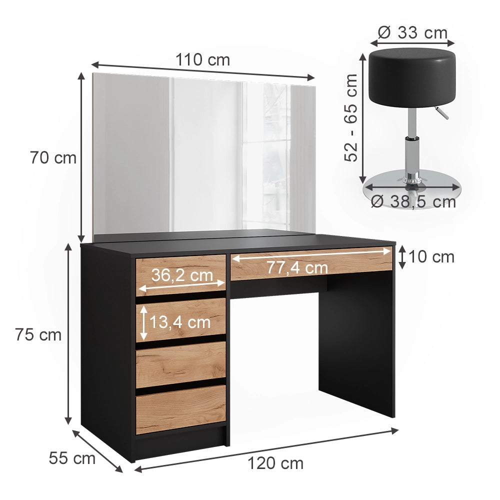 Vicco Tavolino da toilette Antracite/quercia dorata 120 x 75 cm con specchio e sgabello