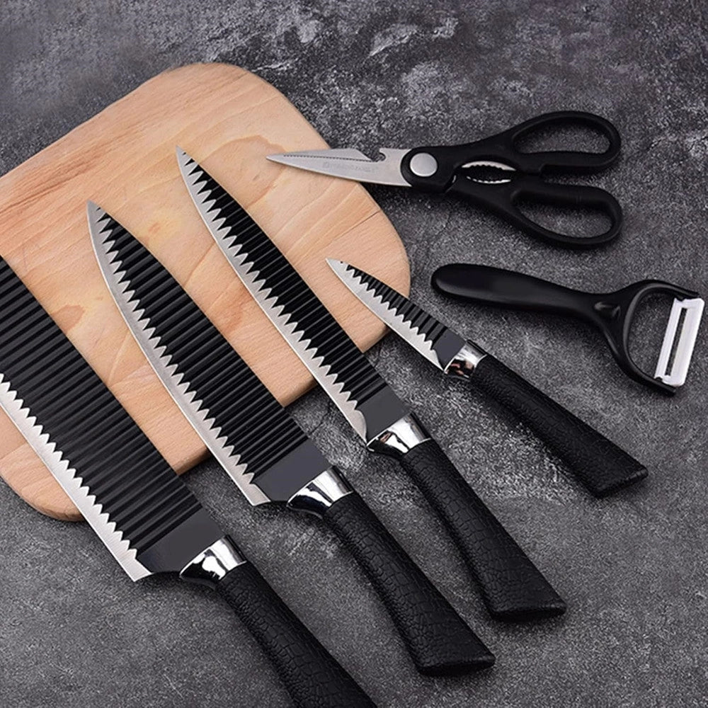 Trade Shop - Set Di Coltelli Da Cucina In Acciaio 6pz Manico In Silicone Con Motivo Ondulato Nero -