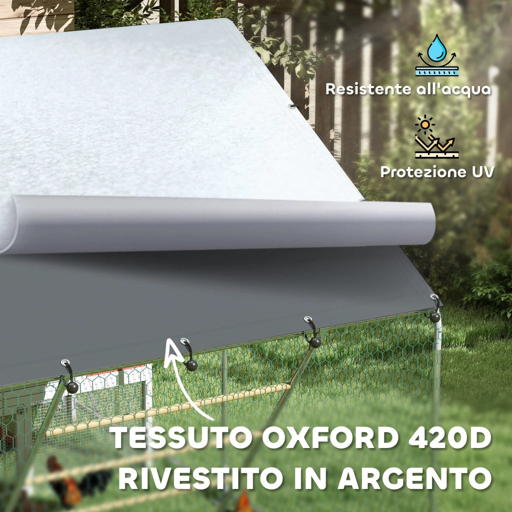Recinto per Galline da 6 mq 300x200x195 cm per 6-8 Animali con Tetto Impermeabile Mangiatoia e Posatoio Argento