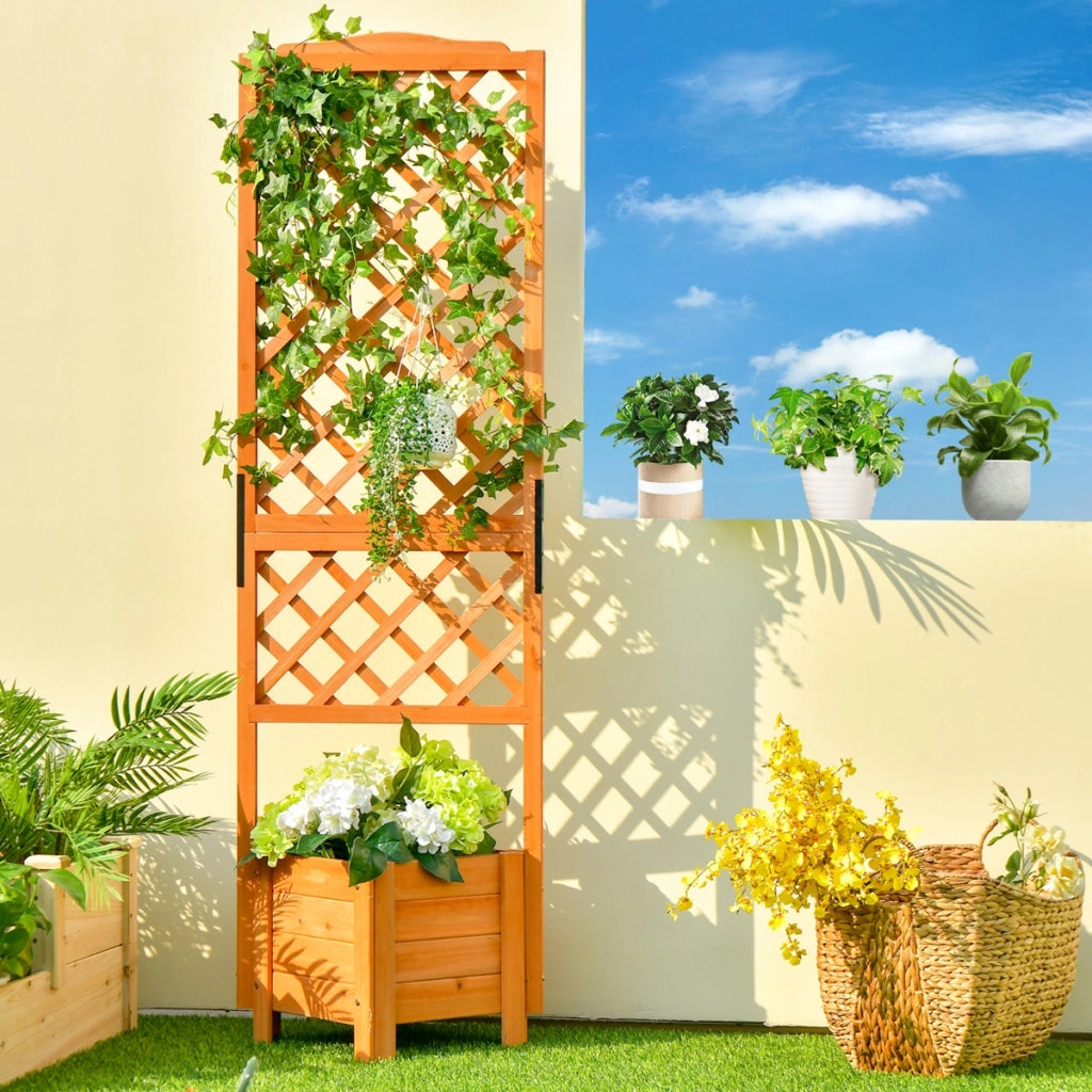 Letto da giardino rialzato con spalliera drenaggio grigliato, Fioriera in legno verticale per piante Arancione-Fioriere