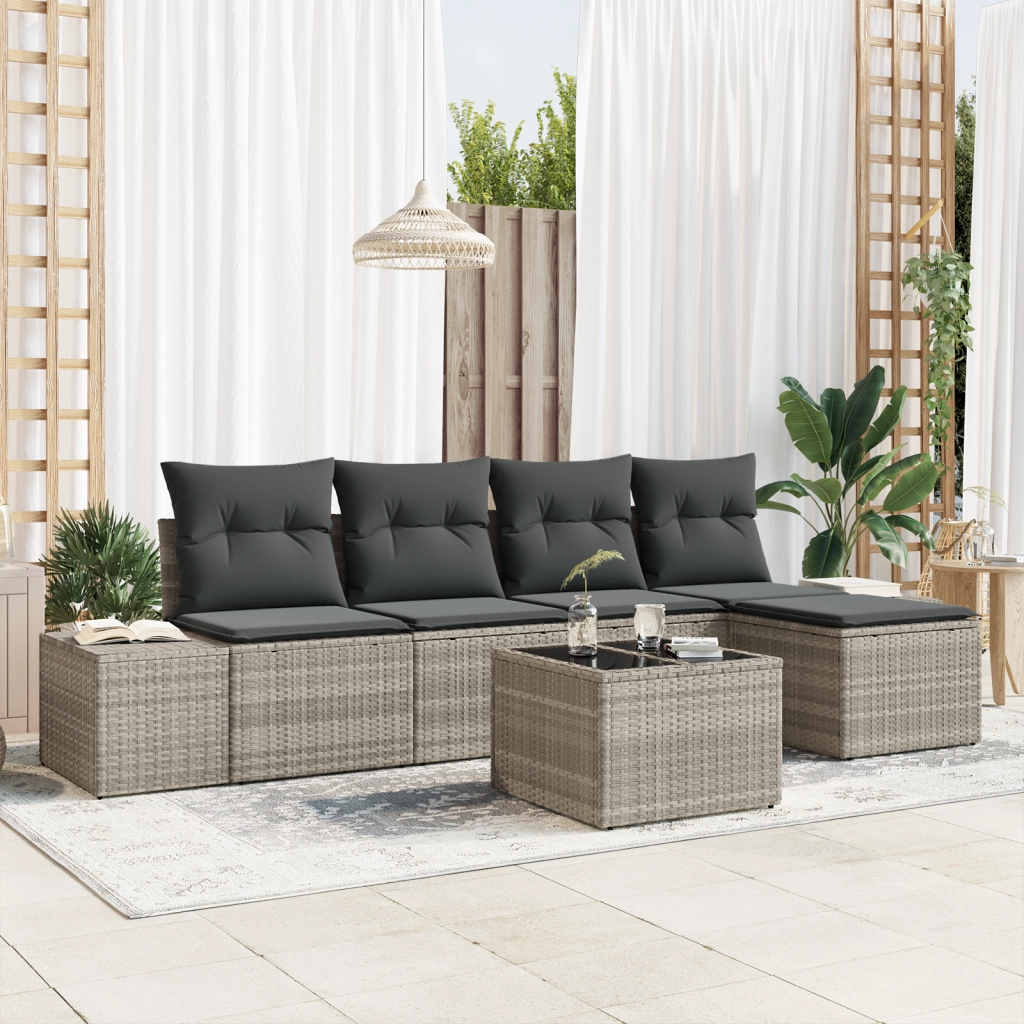 Set da Divano da Giardino a 6 pezzi con Cuscini Grigio Polyrattan