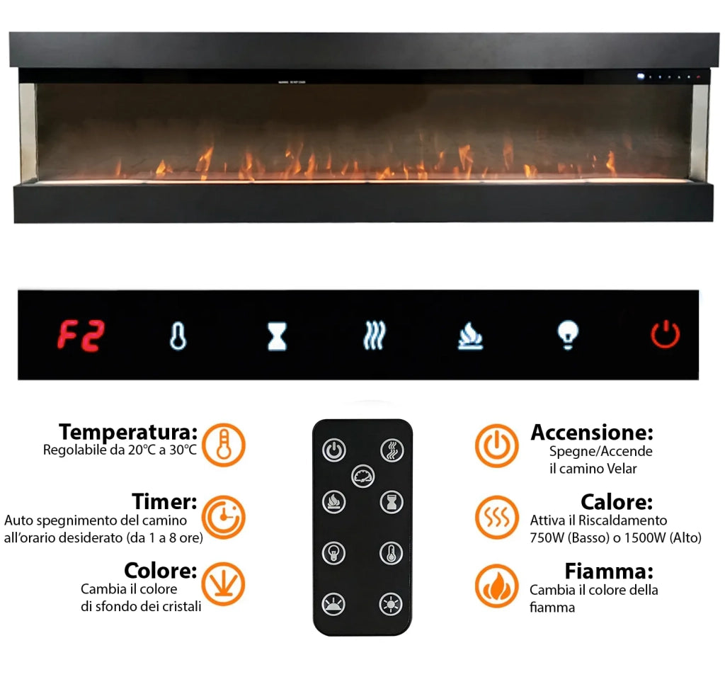 Tempo Style - Camino elettrico a parete e da incasso VELAR | Stufa ventilata da 750W/1500W a basso consumo (Nero, 182cm)