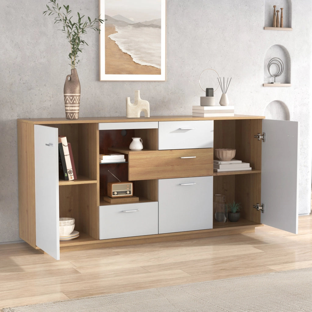 Credenza con 2 ante 4 cassetti LED e ripiani regolabili per soggiorno, in MDF, bianco e legno, 160 × 40 × 77 cm