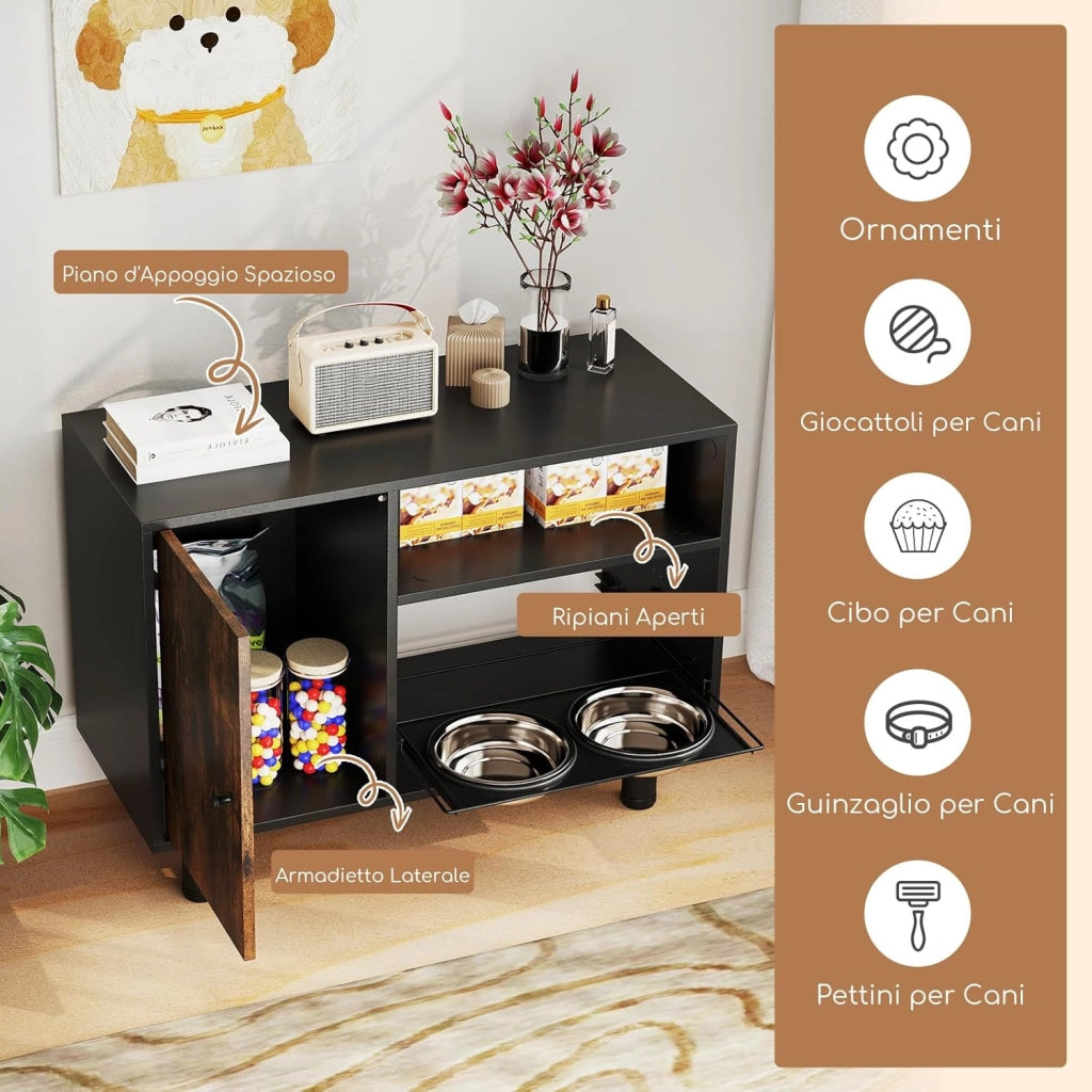 Ciotola per Cani Antigoccia 82 x 35 x 60cm, Armadietto per Animali con 2 Ciotole Rialzate in Acciaio Inox e Scaffale, Stazione di Alimentazione per Forniture di Cibo e Acqua, Marrone