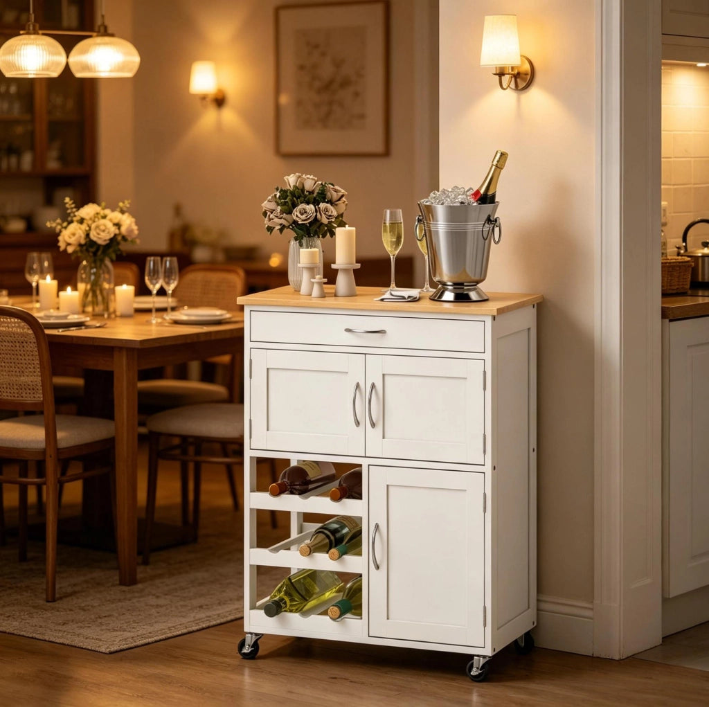 CARRELLO DA CUCINA 67x37x87 cm Bianco e Legno di Gomma con Ruote