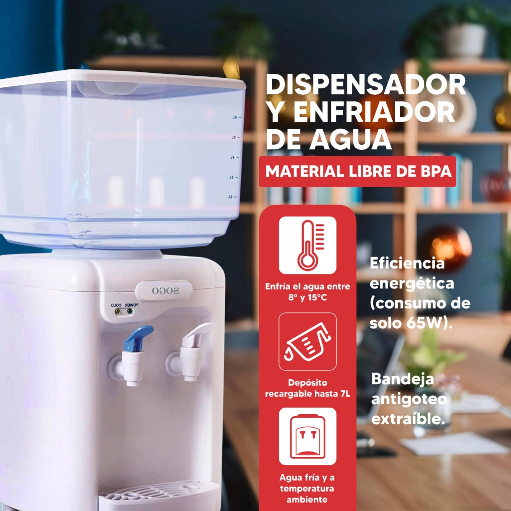 Dispenser acqua elettrico con raffreddamento, serbatoio 7 litri, doppio rubinetto ambiente e fredda 65W - SOGO