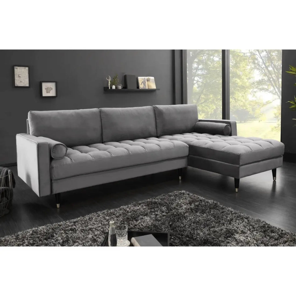 Divano ad angolo KOLIRI grigio - 4 posti - Angolo destro - Divano design in velluto e legno massiccio