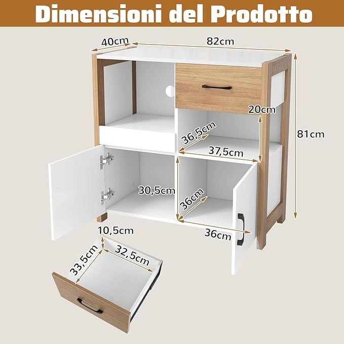 Credenza da Cucina, Mobile Moderno con Cassetto, Ripiano Estraibile e 2 Ante, Credenza Salvaspazio in Legno per Sala da Pranzo, Soggiorno, Camera da Letto e Appartamento, 82 x 40 x 81 cm