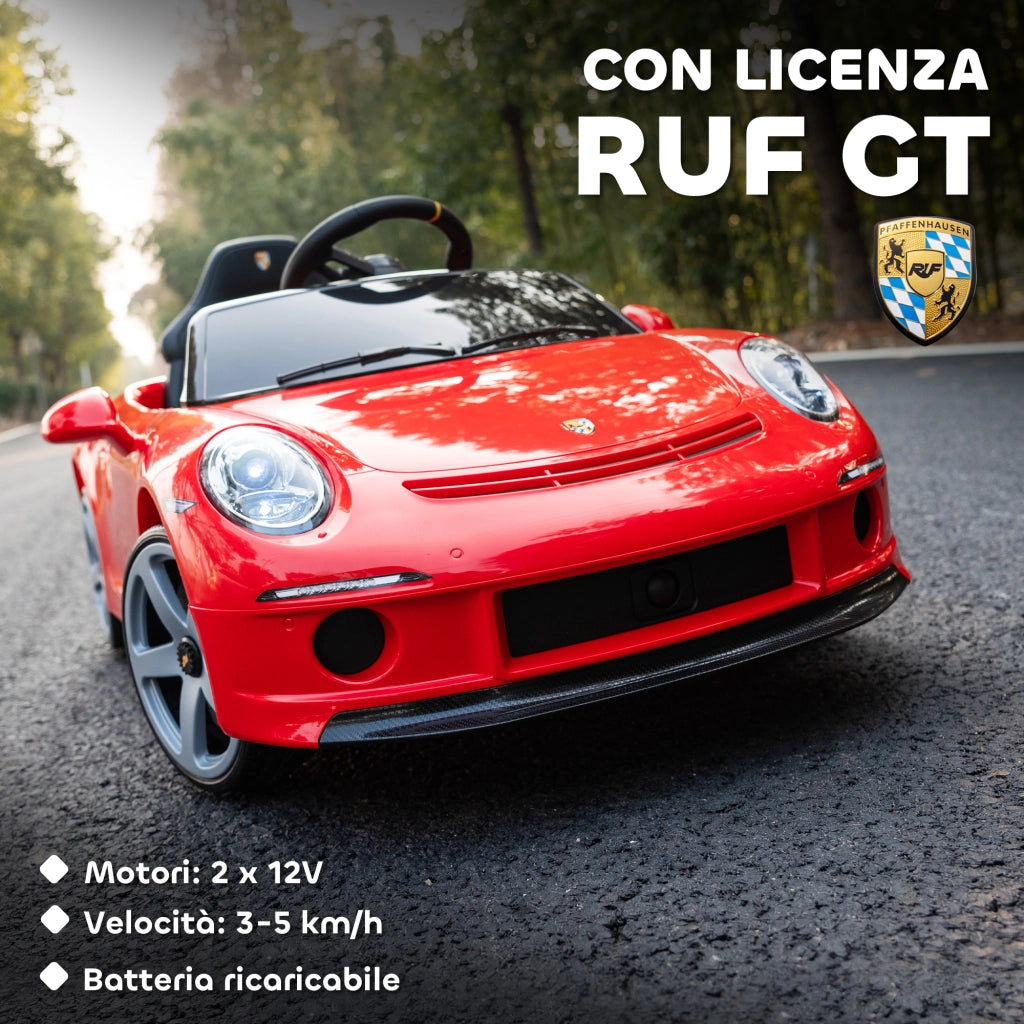 Macchina per Bambini 3-5 Anni con Licenza Ufficiale RUF GT, Telecomando, Cintura di Sicurezza e Musica, Rosso