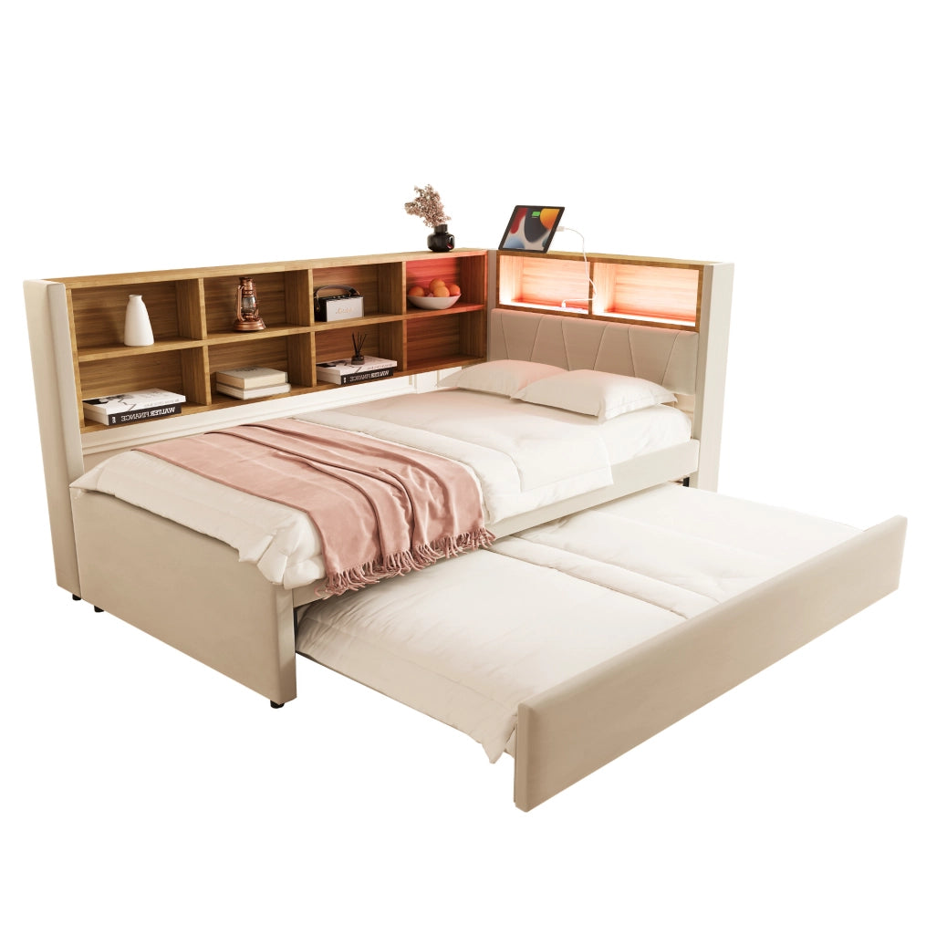 Divano letto multifunzione 90x200 cm con letto estraibile 90x190 cm; LED; beige