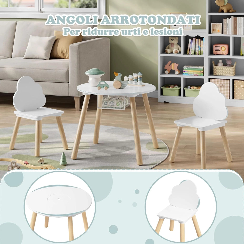 Set di Tavolo e Sedie per Bambini, Rotondo in Legno Con 2 Sedie, Tavolino a 3 Pezzi per Asilo Nido, Bianco