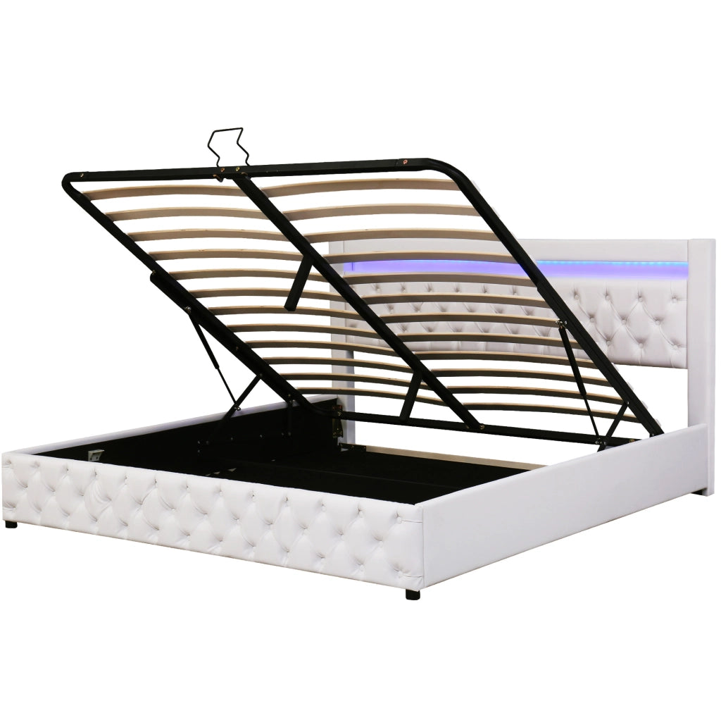 Polsterbett 180x200 cm con contenitore; LED; rete a doghe; PU bianco