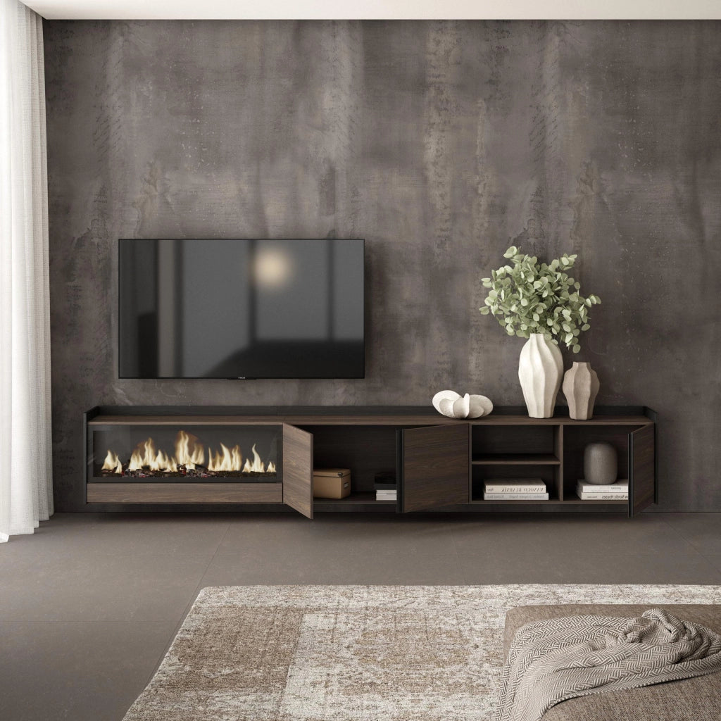 Mobile TV Soggiorno, 315x50x35 cm, Per TV fino a 80", Camino elettrico XXL, Sospeso, da appendere, Rovere scuro e Nero