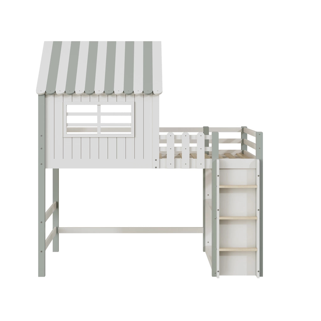 OKWISH Letto a Casetta 90×200 cm, Letto Singolo con Scala di Sicurezza, Contenitore e Sponda 30 cm, senza Materasso, Verde