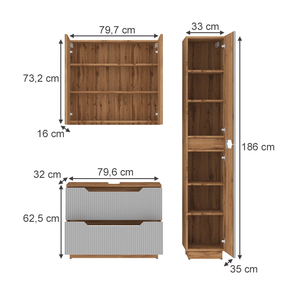 Vicco Set di mobili da bagno Rovere/grigio a righe 3 parti
