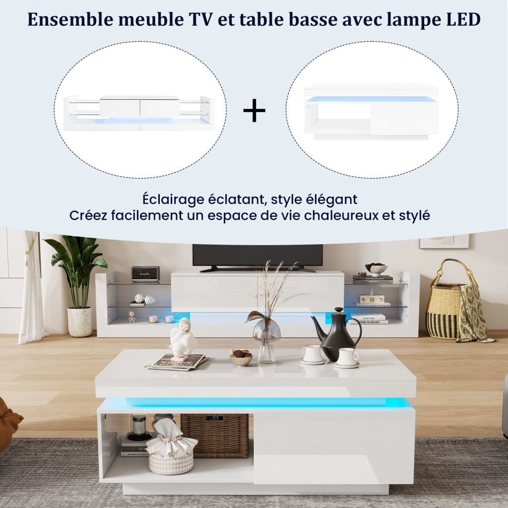 OKWISH Set 2 Mobile TV e Tavolino da Salotto, con LED e Vano Contenitore, Pannelli Lucidi, in Truciolare Bianco