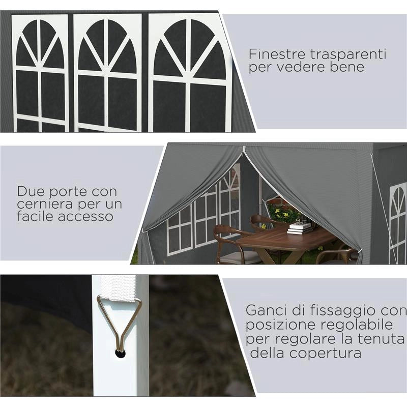 GAZEBO DA ESTERNO 3X3 M PIEGHEVOLE CON 4 PANNELLI LATERALI IN ACCIAIO E TESSUTO OXFORD GRIGIO