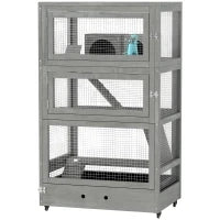 Gabbia per criceti in legno a quattro piani, con casa, altalena, ciotole per il mangime, rampe, ruote, 65 x 45 x 109 cm, Grigio
