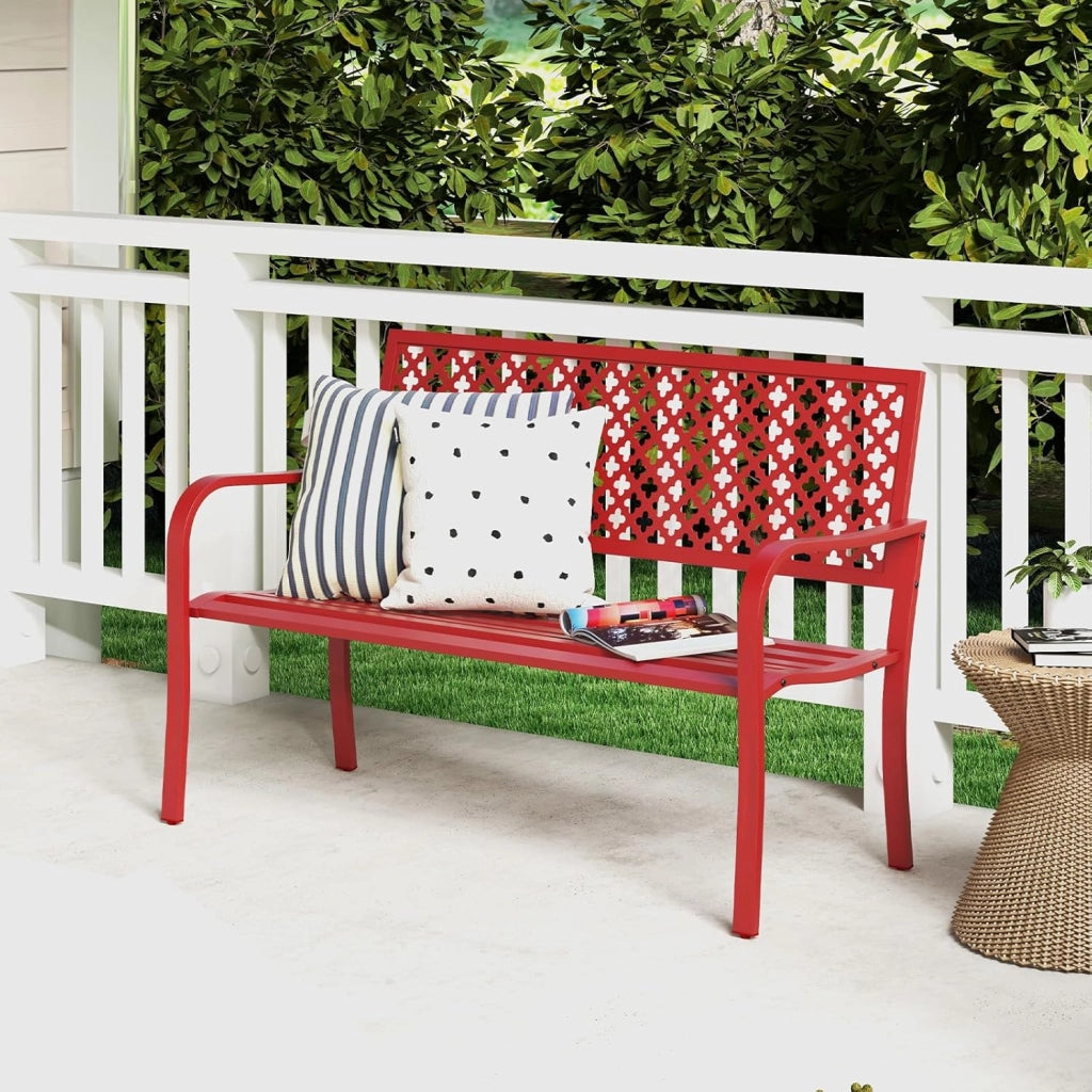 Panchina da Esterno, Panca da Giardin in Metallo con Schienale Traforato, Sedile a Doghe e Braccioli, Panchina Moderna per Cortile, Terrazzo e Giardino, Portata 300 kg (Rosso)