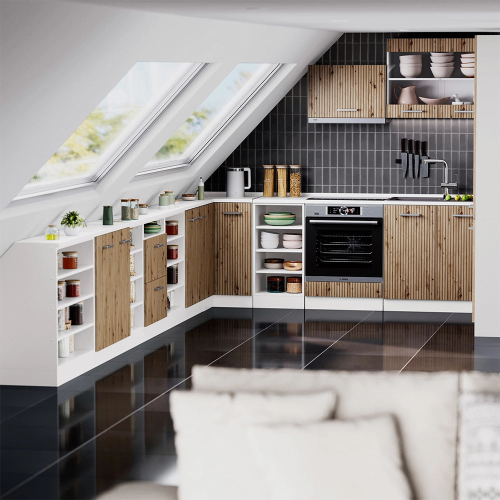 Mobile cucina sottotetto R-Line Rovere artigianale/Bianco 80 cm con 2 porte, carcassa 60 cm profondità Vicco