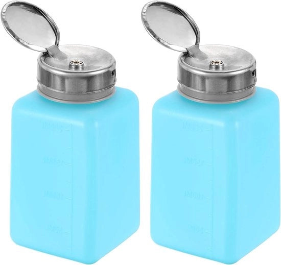 Dispensatore per solvente e alcol, 2 pezzi, 200 ml - Rimuovete la vernice per unghie - Flacone a pompa con punta di stampa in acciaio inossidabile - Pulitore con acetonio e smaltimento - Blu