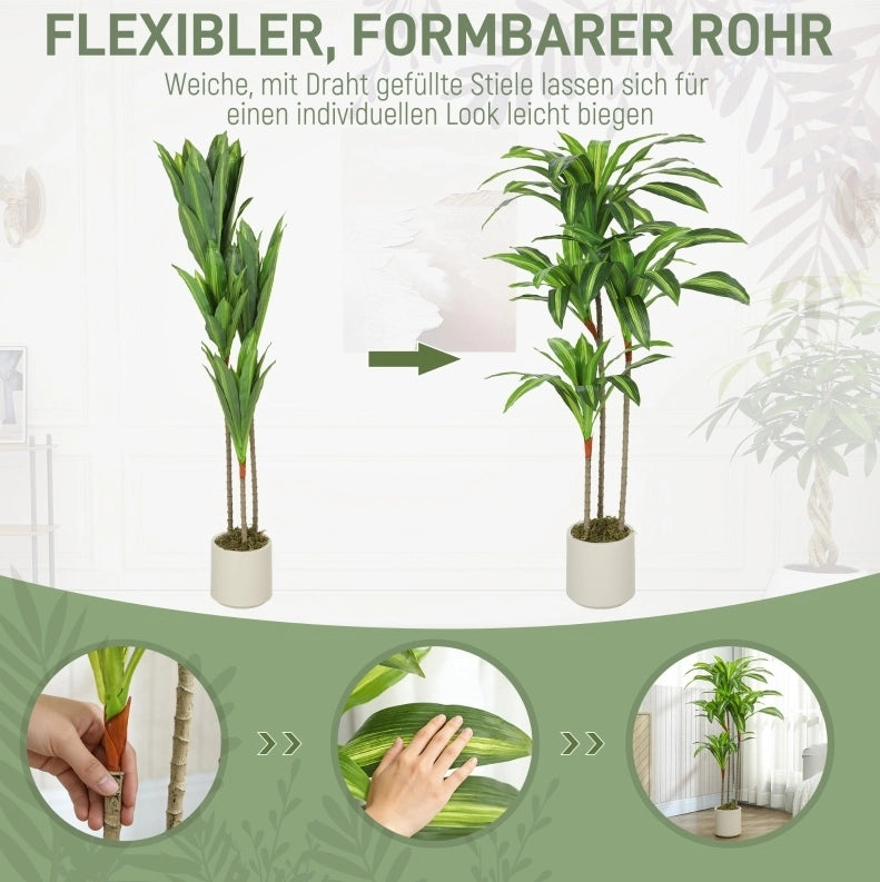 Dracaena artificiale 120 cm in plastica verde, steli flessibili, vaso bianco