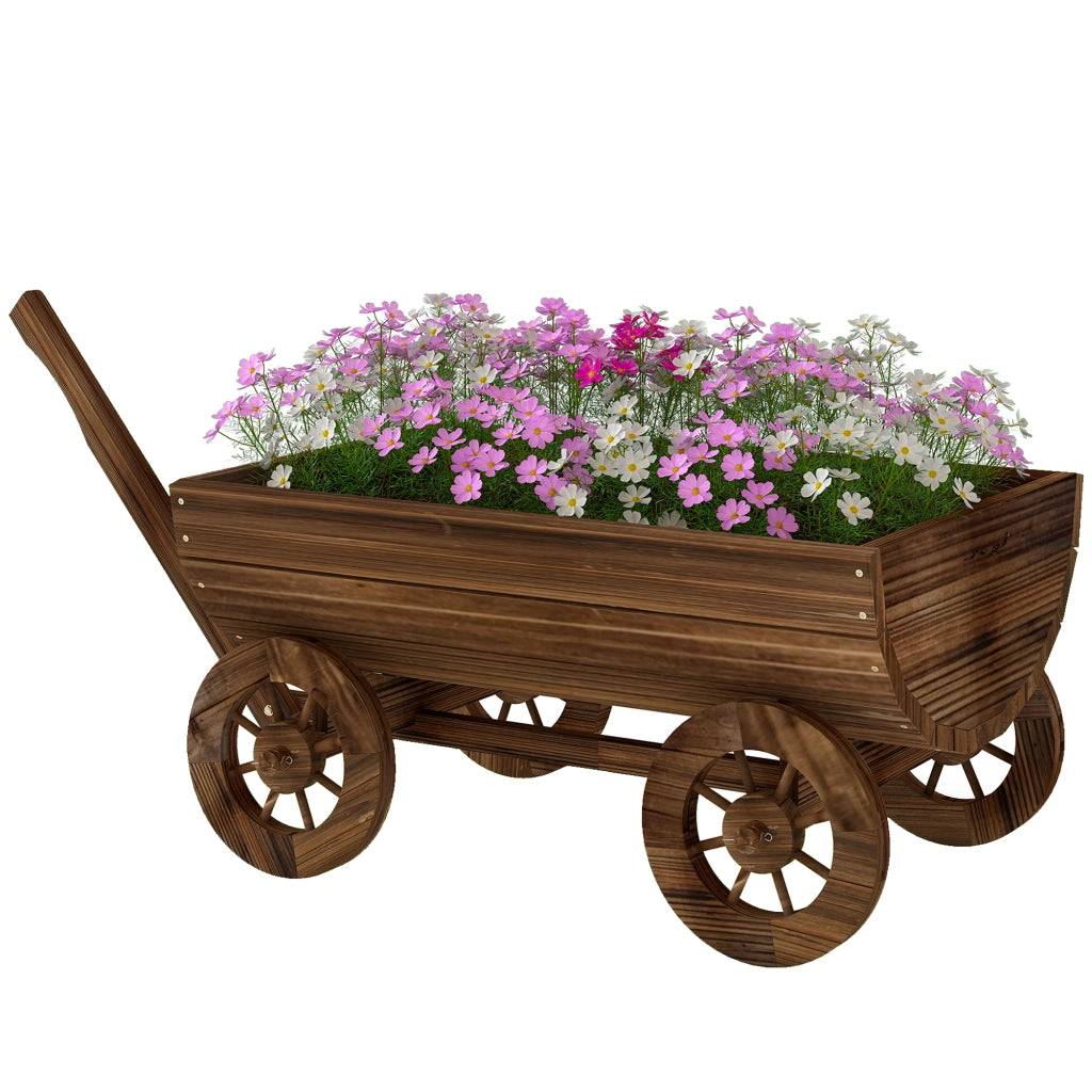 Carrello Giardino Legno con 4 Ruote e Manico ¨C zephmum ¨C 115x40x54,5 cm Carbonizzato