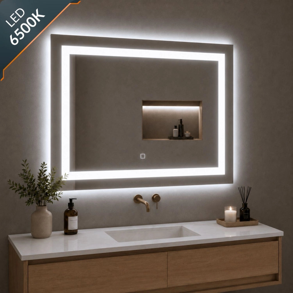 Specchio da bagno rettangolare led con interruttore touch e cornice in alluminio *** misure 80x60 cm, tonalità stand...
