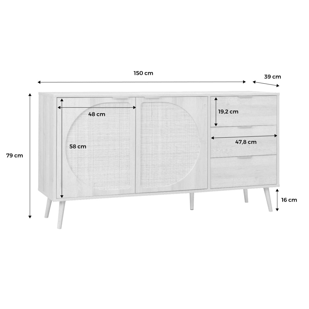 Credenza in legno e canna a 2 ante e 3 cassetti, 150cm, marrone