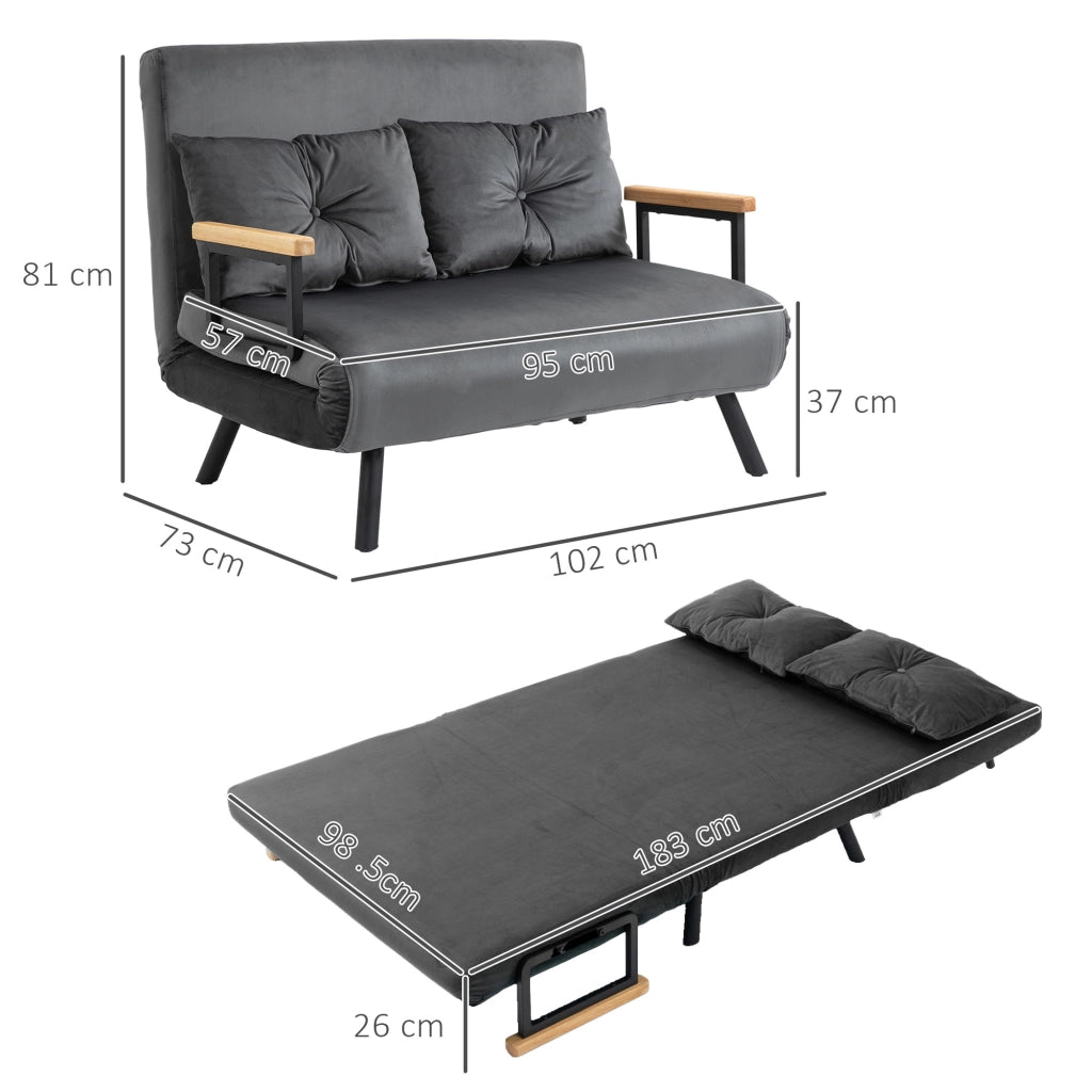 Poltrona letto con schienale regolabile a 5 posizioni in tessuto effetto velluto con cuscini grigio scuro