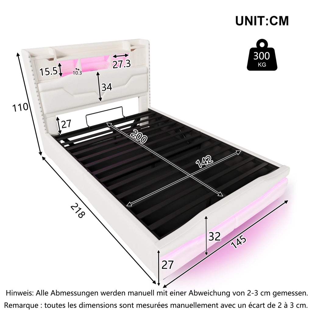 Letto Contenitore Letto Matrimoniale 140x200 cm con USB; Type-C; LED e vano testiera - Beige