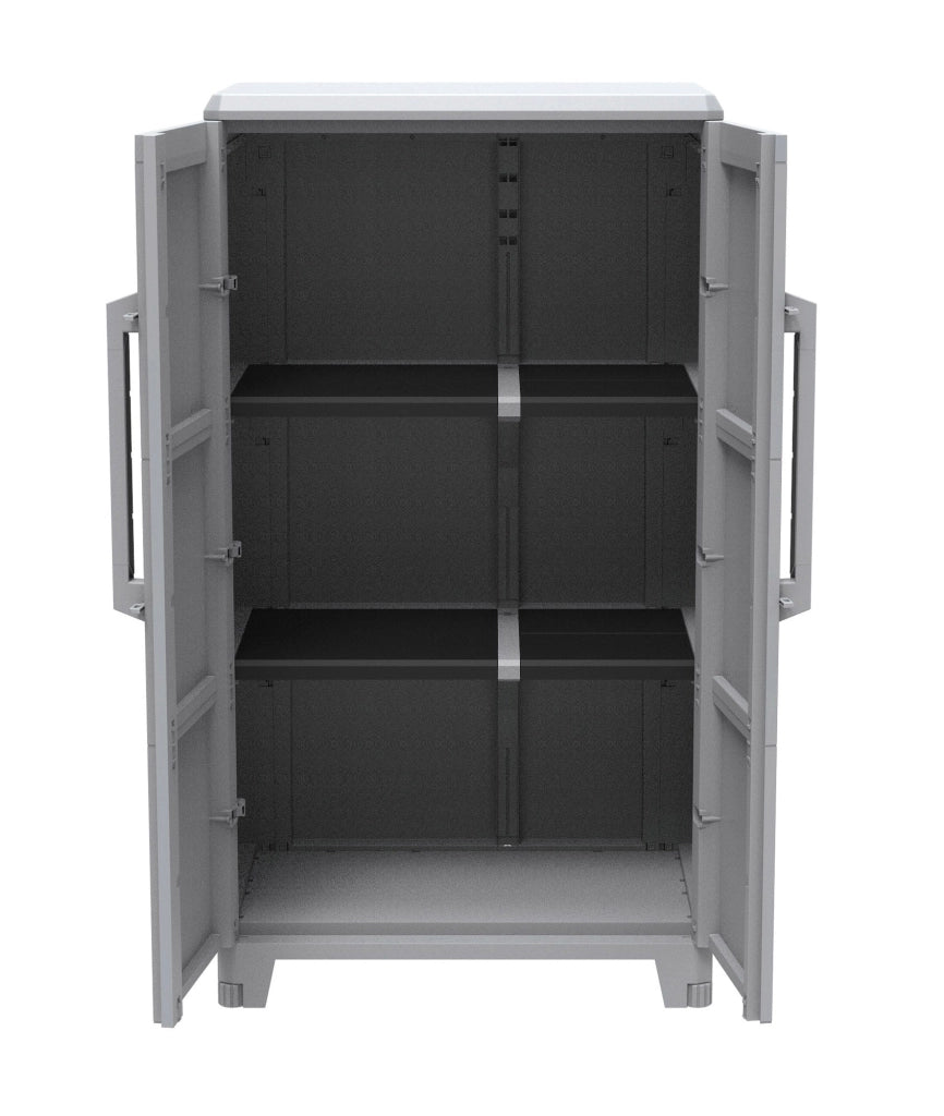 Armadio Portascope Modulare da Esterno 78x43,6x143 cm 2 Ante 2 Ripiani in Polipropilene Transforming Grigio e Nero