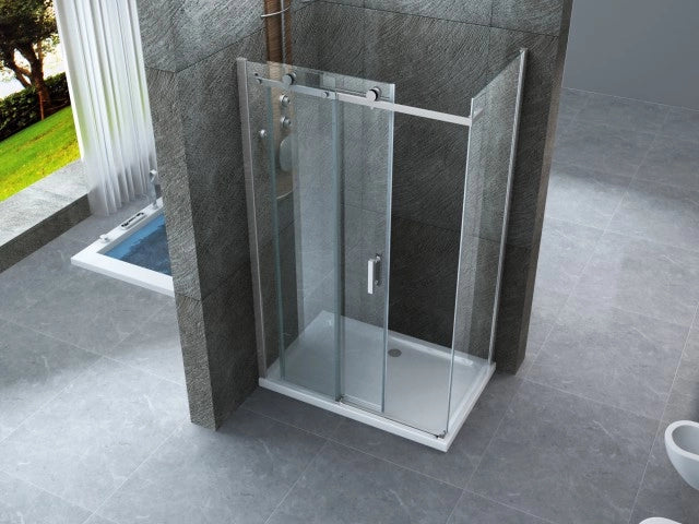 Box doccia scorrevole con anta fissa in cristallo 8mm H.195cm FLUIDA 90x100 cm,Flacone anticalcare incluso