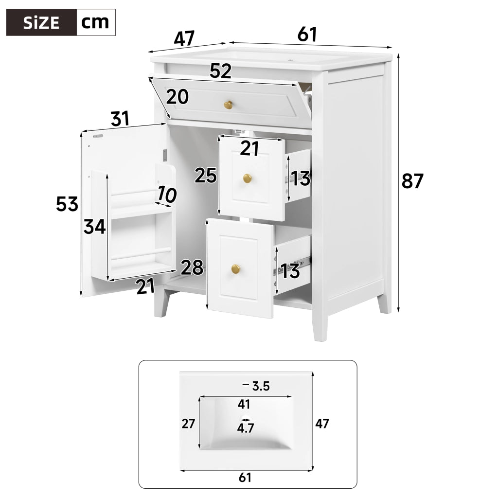 Mobile bagno con lavabo in ceramica; 2 cassetti; 1 anta e ripiano laterale; chiusura soft-close; bianco; 61×47×87 cm