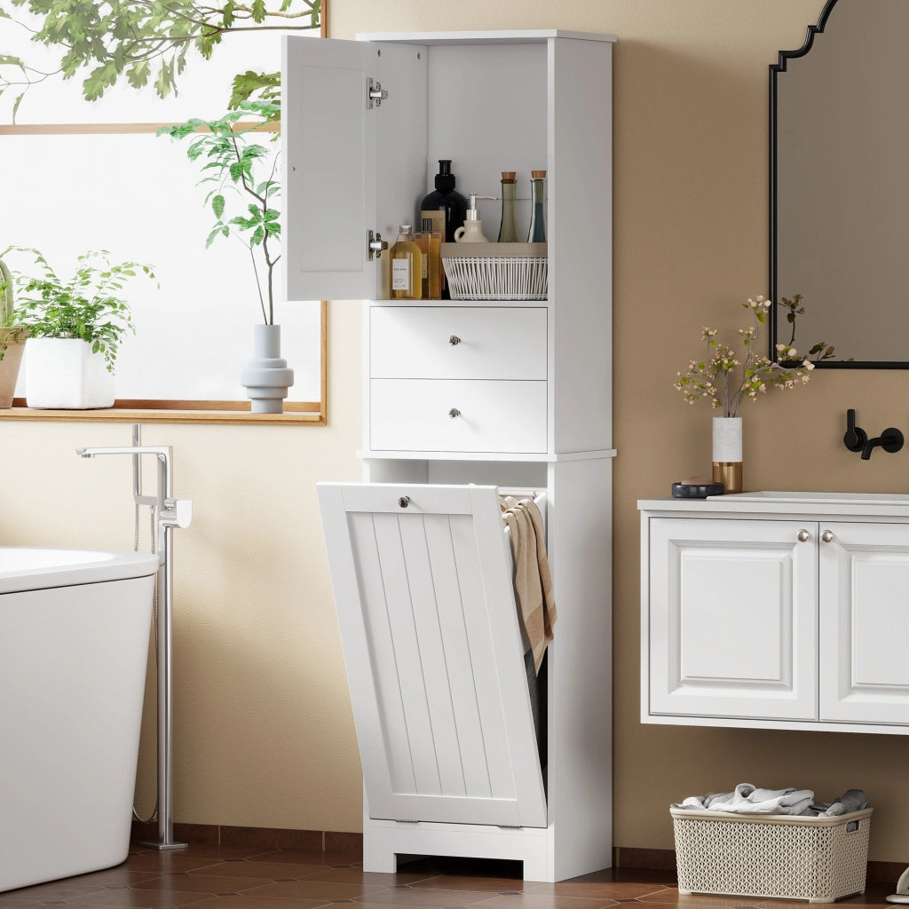 Mobile Alto da Bagno 45x30x171 cm con Cesto per Biancheria a Ribalta in Legno Bianco