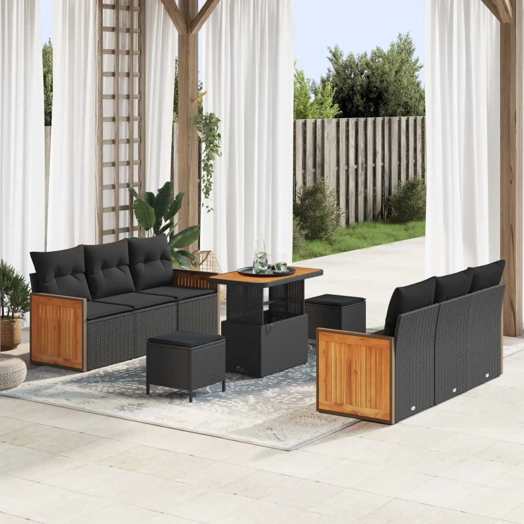 Set Divano da Giardino con cuscino 11 pcs Nero polyrattan