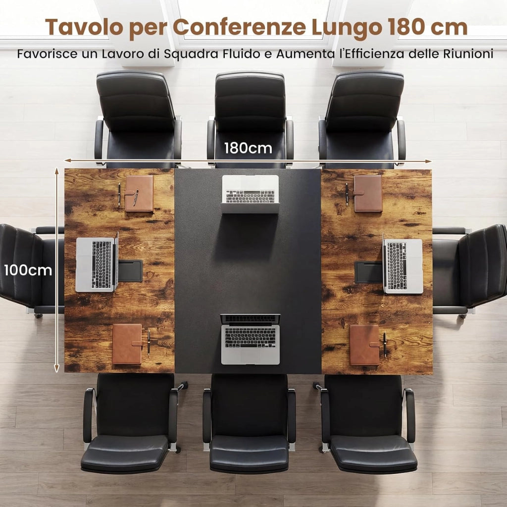 Tavolo da Conferenza 180 x 100 cm, Tavolo Riunioni Grande per 6-8 Persone, Postazione da Lavoro Stile Industriale con 2 Passacavi per Ufficio e Sala Riunioni