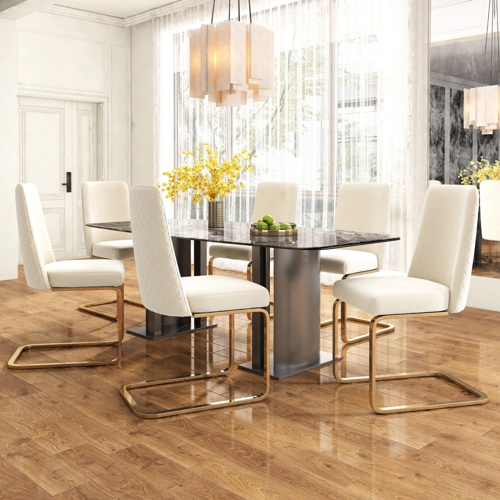 Set 2 sedie da pranzo in velluto beige con schienale a rombi e gambe in metallo