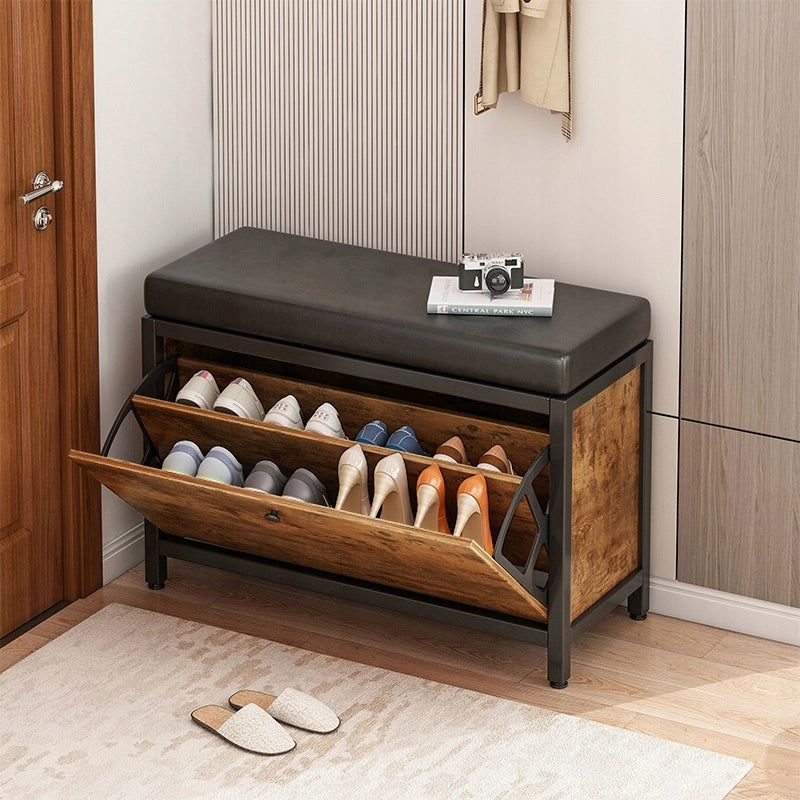 Scarpiera con seduta, ampio spazio contenitivo, ripiano apribile, stile retrò in legno