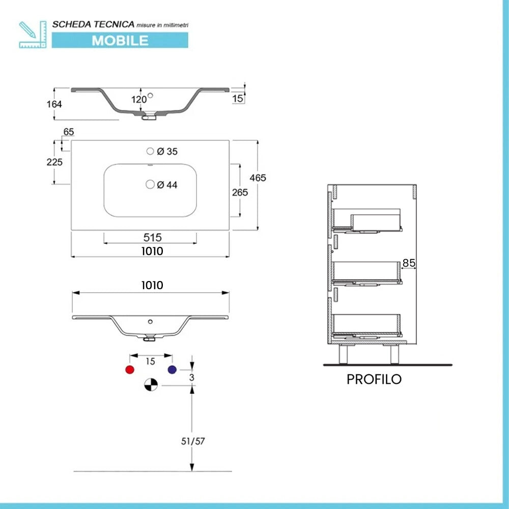 Mobile bagno a terra 100 cm in bianco lucido con lavabo e specchio Leda