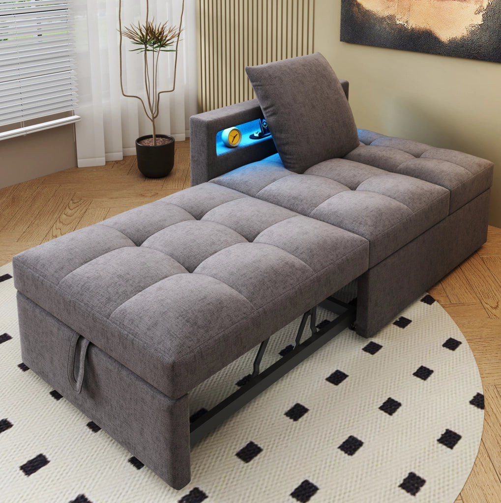 Divano letto 3 in 1 in lino grigio scuro con LED e USB