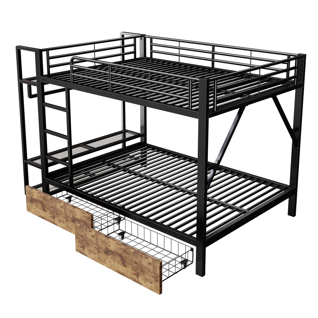OKWISH Letto a Castello 140×200 cm, Letto Matrimoniale con 2 Cassetti, Mensole, LED Regolabile e Barra Appendiabiti, senza Materasso, Nero
