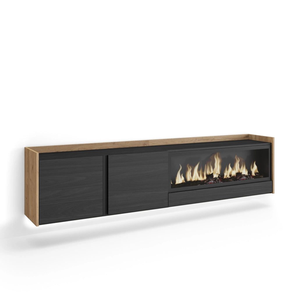 Mobile TV Soggiorno, 212x50x35 cm, Per TV fino a 80", Camino elettrico XXL, Sospeso, da appendere, LED, Nero e rovere