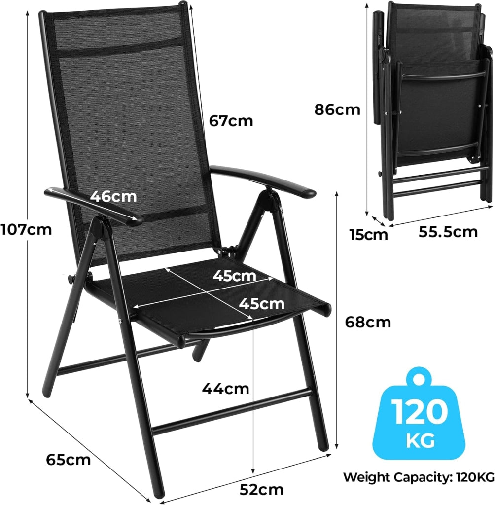Set Giardino Esterno Aluminium 5 Pezzi, Tavolo da giardino tutto in Alluminio con 4 Sedie Pieghevoli Alto Regolabili, Resistente Alle Intemperie, Nero